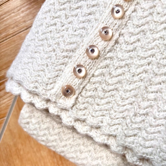 White Scarf with Silver Threaded Accent Scalloped Edges and Rhinestone Buttons - Picture 8 of 9